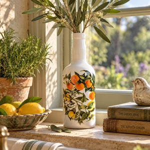 May include: A white ceramic bottle featuring a colourful botanical print of oranges, lemons, and green leaves. The bottle has a narrow neck and contains a sprig of olive branches. It is positioned on a stone ledge near a window.