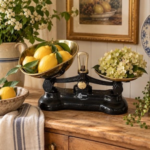 May include: A black cast iron balance scale with two brass pans. One pan holds several bright yellow lemons with green leaves, while the other pan holds a cluster of pale green hydrangea flowers. The scale features a central vertical pointer.