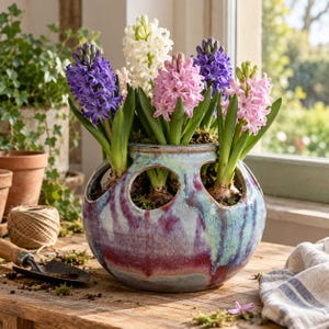 May include: A round, multi-opening ceramic bulb vase with a glossy, variegated glaze in shades of deep purple, magenta, and teal. The vase contains several blooming hyacinth flowers in white, pink, and purple, with green stems and bulbs.
