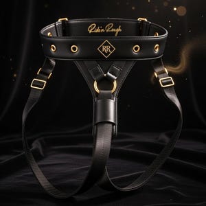 May include: A black harness featuring gold-toned metal hardware, including eyelets, buckles, and a central ring. The waistband displays the text "Ride'n Rough" and a diamond-shaped "RR" logo. Below the image, the text reads "GOLDEN LUXURY COLLECTION PREMIUM TACTILE DESIGN."