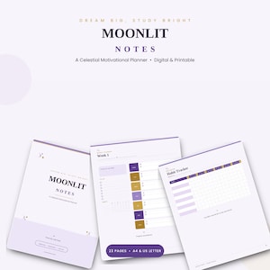 May include: A digital and printable planner titled Moonlit Notes with a celestial theme. The set includes a cover page, a weekly planner with daily sections in purple and gold, and a habit tracker page, all featuring white, purple, and gold accents.