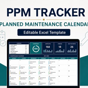 Może przedstawiać: Ekran laptopa wyświetlający kalendarz planowanej konserwacji PPM Tracker jako edytowalny szablon programu Excel. Pulpit nawigacyjny pokazuje wskaźniki, takie jak suma aktywów, ukończone zadania i procent zgodności, z kalendarzem na maj 2024.