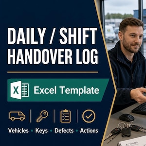 Könnte beinhalten: Eine Excel-Vorlage für ein tägliches Schichtübergabeprotokoll mit dem Text Daily / Shift Handover Log, Excel Template, Vehicles, Keys, Defects und Actions. Das Dokument enthält Abschnitte für Fahrzeuge, Schlüssel, Mängel und Maßnahmen.