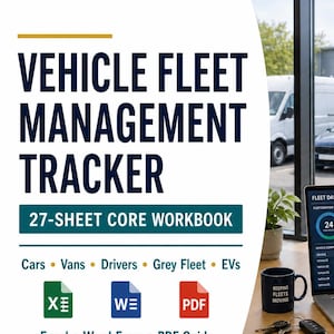 Puede incluir: Un libro de trabajo digital de seguimiento de flota de vehículos con 27 hojas para coches, furgonetas, conductores, flota gris y vehículos eléctricos. Incluye formatos Excel, Word y PDF. La pantalla muestra un panel de control de flota.