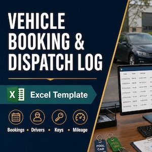 May include: A digital vehicle booking and dispatch log Excel template featuring a computer monitor displaying a scheduling table, a printed schedule on a clipboard, and two key tags labelled Pool Car and Pool Van on a wooden desk surface.