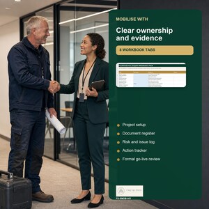 May include: A digital product display featuring the text Mobilise with Clear ownership and evidence, 8 Workbook Tabs, and a list including Project setup, Document register, Risk and issue log, Action tracker, and Formal go-live review on a dark green background.