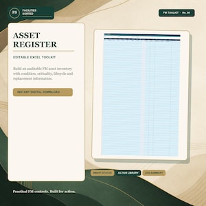 Peut inclure: Un kit d'outils Excel modifiable intitulé Asset Register, présentant une interface de feuille de calcul numérique avec des lignes et des colonnes. La mise en page inclut du texte décrivant un inventaire d'actifs FM, un bouton de téléchargement numérique et des onglets nommés Smart Status, Action Library et Live Summary.