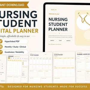 Könnte beinhalten: Ein digitaler Planer für Pflegestudierende auf einem Tablet-Bildschirm mit mehreren Seitenvorschauen, darunter ein Dashboard, ein Monatskalender, ein Studienplaner, ein Prüfungstracker und ein Protokoll für klinische Stunden in Creme und Gold.
