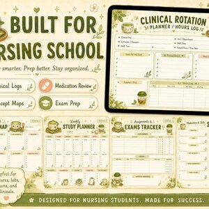 以下が含まれることがあります： 看護学校向けのデジタルプランナーセット。臨床実習記録、コンセプトマップ、週間学習プランナー、試験トラッカーが含まれており、薄緑色とクリーム色を基調とした抹茶カップのイラストが描かれています。