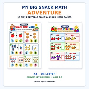 Könnte beinhalten: Ein druckbares Mathe-Übungsset mit dem Titel MY BIG SNACK MATH ADVENTURE mit 15 Spielen zum Thema Obst und Snacks. Die Seiten enthalten bunte Illustrationen von Äpfeln, Keksen, Saftboxen und Cupcakes mit Additions- und Subtraktionsaufgaben.