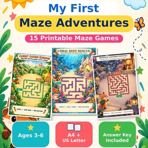 May include: A digital activity set titled My First Maze Adventures featuring 15 printable maze games for ages 3-6. The set includes three illustrated game sheets: Carrot Garden Kingdom, Coral Reef Rescue, and Moonlit Lantern Festival, with an answer key included in A4 and US Letter sizes.