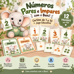 Op de afbeelding: Educatieve set met een getekende olifant genaamd Beni, inclusief nummerkaarten van 1 tot 10, gelabeld als even of oneven in het Portugees. De set bevat 12 PDF-pagina's met activiteiten voor het herkennen van getallen, tellen en vormen uitknippen.