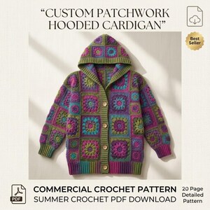 Crochet Cardigan Pattern | Granny Square Hoodie PDF Tutorial | Handmade Patchwork Coat DIY Clothing Guide
