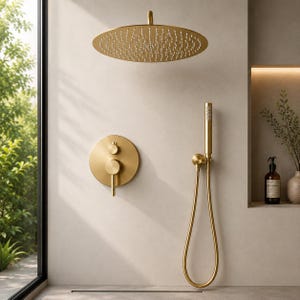 May include: A brushed gold shower system featuring a large circular overhead rain shower head, a matching handheld shower wand with a flexible hose, and a circular wall-mounted control valve with a single lever and a smaller circular knob.