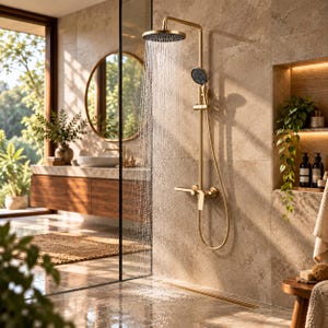 May include: A brushed gold shower system featuring a large circular overhead rainfall showerhead and a smaller handheld showerhead on a flexible hose, mounted on a vertical bar with a single lever handle, currently dispensing water.