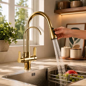 Può includere: Un rubinetto da cucina in oro lucido con doccetta estraibile ad arco alto e una bocca secondaria più piccola. Il rubinetto è dotato di due leve laterali per il controllo dell'acqua ed eroga un flusso costante in un lavello in acciaio inox.