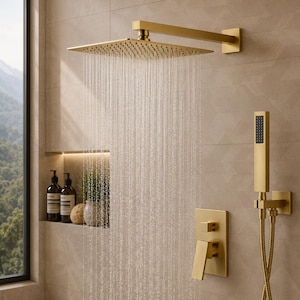 May include: A brushed gold shower system featuring a large square rainfall showerhead with water flowing, a rectangular handheld shower wand with a flexible hose, and a single-handle wall-mounted control valve with a square backplate.