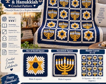 May include: A crochet pattern document for a blanket featuring Star of David and Hanukkah menorah motifs. The design consists of sixteen granny squares in navy blue, white, and yellow. The text includes Star of David & Hanukkah Crochet Pattern.