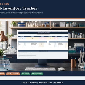 Könnte beinhalten: Ein Computermonitor, der eine Lab Inventory Tracker-Tabelle für Microsoft Excel von Rigor & Row anzeigt. Das Dashboard enthält Spalten für Lagerbestand, Nachbestellung, Ablaufdatum und Lieferantendaten sowie eine Zusammenfassung.