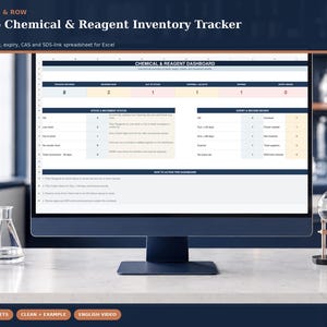 May include: A computer monitor displaying a Lab Chemical & Reagent Inventory Tracker spreadsheet. The dashboard features tables for stock movement, expiry review, and inventory status, with headers including Rigor & Row and Chemical & Reagent Dashboard.