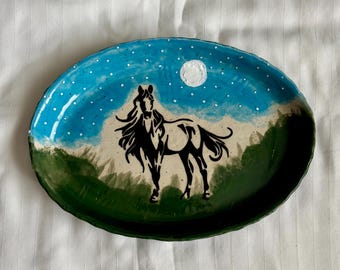 Handmade Ceramic Horse Tray: Oval Pottery Serving Dish, Country Farmhouse Decor