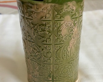 Rustic Green Ceramic Travel Tumbler | Handmade Holiday Coffee Mug with Handles