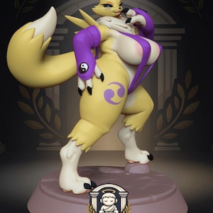 May include: A yellow anthropomorphic fox figurine with purple arm sleeves and a purple strap accessory. The figure features a white chest tuft, black claws, and a purple symbol on the thigh. The base displays a logo with the text MinorDeities.