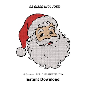 Pode incluir: Um design de bordado de uma cabeça de Papai Noel sorridente usando um gorro vermelho com pompom e borda brancos. O texto acima diz 13 SIZES INCLUDED e abaixo diz 15 Formats | PES | DST | JEF | VP3 | XXX e Instant Download.