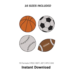 Borduurpatroon voor mini-sportballen | Basketbal, voetbal, honkbal, American football borduurpatroon | Sportborduurbestand | Borduurpatroon voor sportballen