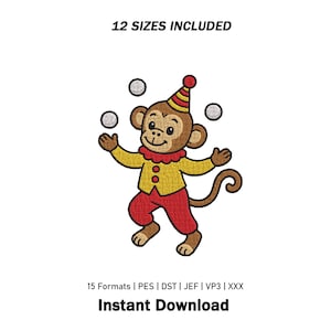 Peut inclure: Un motif de broderie représentant un singe marron portant une veste jaune, un pantalon rouge et un chapeau de fête rayé, jonglant avec trois balles blanches. Le texte indique 12 SIZES INCLUDED, 15 Formats | PES | DST | JEF | VP3 | XXX, Instant Download.