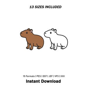 May include: Two capybara embroidery designs, one brown and one white outline, with the text 13 SIZES INCLUDED at the top and 15 Formats | PES | DST | JEF | VP3 | XXX Instant Download at the bottom, presented as a digital embroidery file set.