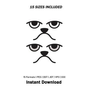 May include: An embroidery design featuring two identical grumpy animal faces with black outlines, arched eyebrows, and downturned mouths. The text 15 SIZES INCLUDED appears at the top, and 15 Formats | PES | DST | JEF | VP3 | XXX Instant Download at the bottom.