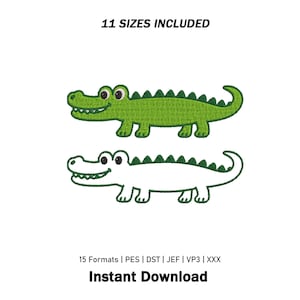 May include: An embroidery design featuring two cartoon crocodiles, one filled with green thread and one with a green outline. Text reads 11 SIZES INCLUDED, 15 Formats | PES | DST | JEF | VP3 | XXX, and Instant Download. The design is on a white background.