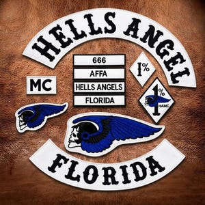 May include: A collection of embroidered patches including a large white arched rocker with black text reading HELLS ANGEL, a smaller FLORIDA rocker, rectangular patches with 666, AFFA, HELLS ANGELS, FLORIDA, and MC, plus two blue winged skull emblems.