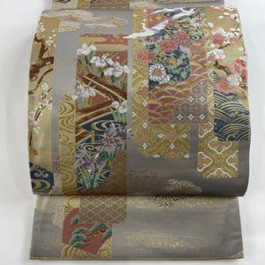 Vintage Japanese Fukuro Obi Silk Fabric, Fine 900 Weave, Cranes and Flowers in Vertical Bands on Grey