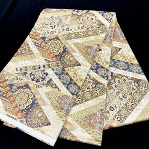 Japanese Fukuro Obi, Pure Gold Leaf Silk Kimono Sash, Diagonal Brocade Patchwork Mandala Bands, Fine Weave, Unused, Wall Art