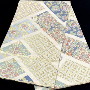 Könnte beinhalten: Ein gewebtes Textil mit einem sich wiederholenden geometrischen Muster aus rechteckigen Feldern. Jedes Feld zeigt komplexe florale Motive in Blau-, Gold-, Rot- und Cremetönen. Der Stoff hat eine glänzende Oberfläche mit metallischen Goldfäden.