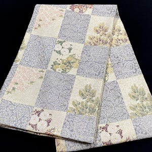 Vintage Japanese Fukuro Obi, Silk Kimono Sash, Woven Quilt Checkerboard, Shippo Coins Flower Squares, Ivory Gray, Wall Art Runner