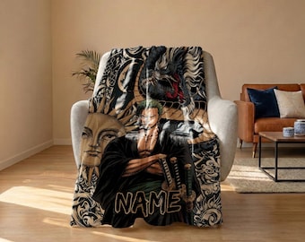 Roronoa Zoro Samurai Blanket, One Piece Wano Swordsman Throw, Tarot Sun Moon Anime Bedding, Otaku Gift