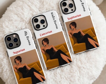 Fundas brillantes personalizadas con el signo zodiacal femenino y carcasas resistentes mate para iPhones de 13 a 18 pulgadas.
