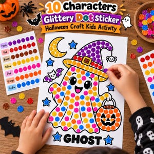 May include: A Halloween craft activity sheet featuring a ghost wearing a witch hat and holding a jack-o'-lantern, decorated with colorful glittery dot stickers. The sheet includes the text 10 Characters Glittery Dot Sticker Halloween Craft Kids Activity and GHOST.