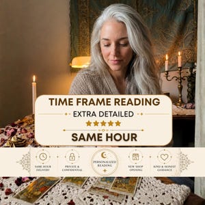 Może przedstawiać: Cyfrowa nakładka graficzna z tekstem TIME FRAME READING, EXTRA DETAILED oraz SAME HOUR wraz z pięcioma złotymi gwiazdkami. Poniżej znajdują się ikony przedstawiające SAME HOUR DELIVERY, PRIVATE & CONFIDENTIAL, PERSONALIZED READING, NEW SHOP OPENING oraz KIND & HONEST GUIDANCE.