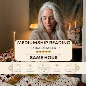 May include: A rectangular sign with cream background and dark brown text reading MEDIUMSHIP READING, EXTRA DETAILED, and SAME HOUR. Below, five gold stars and icons for delivery, privacy, personalized reading, shop opening, and guidance.