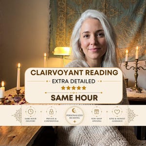 Puede incluir: Una superposición gráfica rectangular con texto marrón oscuro que dice CLAIRVOYANT READING, EXTRA DETAILED y SAME HOUR, con cinco estrellas doradas. Debajo, los iconos representan SAME HOUR DELIVERY, PRIVATE & CONFIDENTIAL, PERSONALIZED READING, NEW SHOP OPENING y KIND & HONEST GUIDANCE.