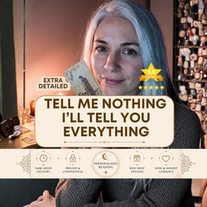 May include: A tarot card reading service advertisement featuring a person holding a tarot card. The text reads: EXTRA DETAILED, TELL ME NOTHING I'LL TELL YOU EVERYTHING, 5.0 RATING, SAME HOUR DELIVERY, PRIVATE & CONFIDENTIAL, PERSONALIZED READING, NEW SHOP OPENING, KIND & HONEST GUIDANCE.