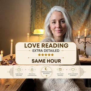 May include: A rectangular graphic overlay with a cream background and dark brown text reading LOVE READING, EXTRA DETAILED, and SAME HOUR, featuring five gold stars. Below, five circular icons represent same hour delivery, privacy, personalised reading, new shop opening, and kind guidance.