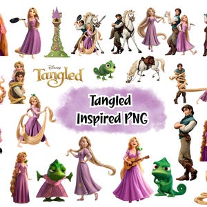 May include: A collection of digital illustrations featuring characters from the movie Tangled, including Rapunzel with long blonde hair, Flynn Rider, Pascal the chameleon, and Maximus the horse, with the text Disney Tangled and Tangled Inspired PNG.