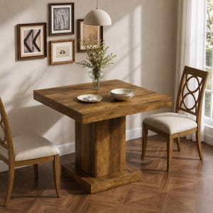 Square Dining Table, Rustic Farmhouse Pedestal Table for 4, Solid Wood-Panel Kitchen Table with Sturdy Base