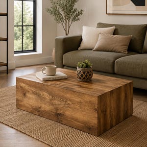 Peut inclure: Une table basse rectangulaire en bois avec un motif de grain brun visible. La table présente une construction solide en forme de bloc. Une tasse en céramique blanche est posée sur un livre intitulé Live Beautifully, à côté d'une plante.