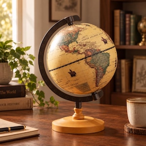Op de afbeelding: Een tafelglobe met een kaart in vintage-stijl, crèmekleurige oceanen en veelkleurige continenten. De bol is gemonteerd in een donkerbruine metalen meridiaanring met graadmarkeringen, ondersteund door een lichtgekleurde houten voet.